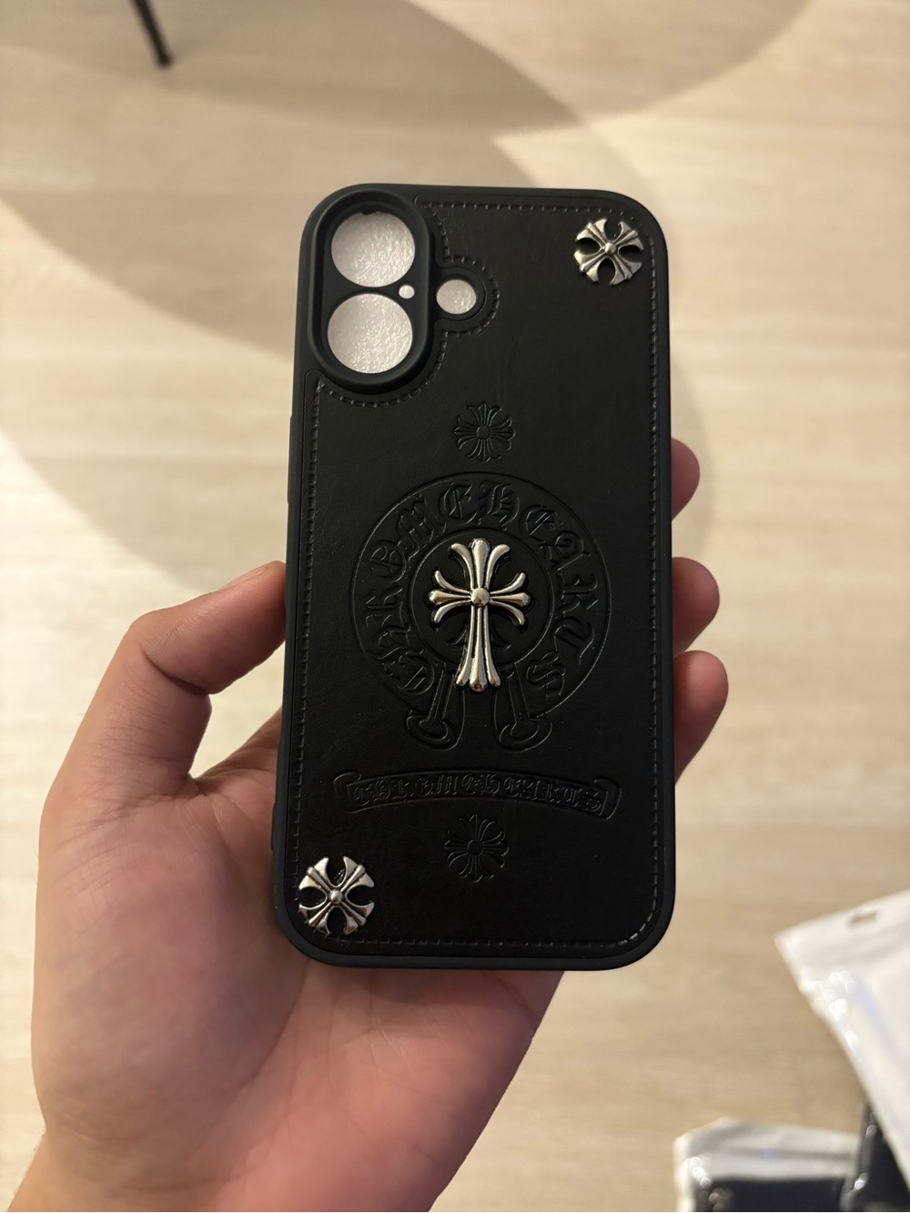 Premium Black Leather-Style Phone Case with Cross Accent for IPhone 17